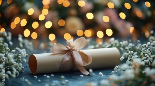 Celebratory diploma with flowers and twinkling lights creating a festive atmo...