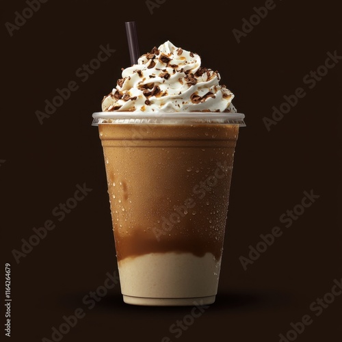 A frappe in a classic to-go cup with a domed lid and condensation, perfect for a fast-food advertisement.