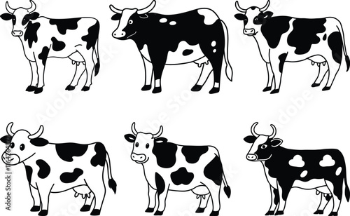 Cow vector set, cow silhouette vector illustration, cow line art vector 