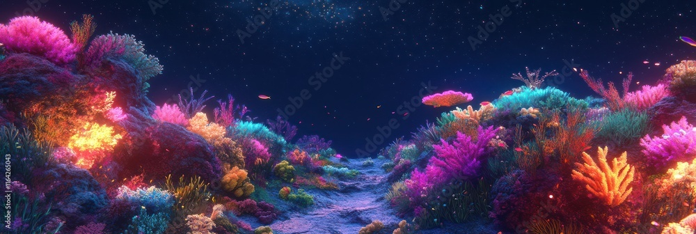 Vibrant Underwater Coral Reef Path Under a Starry Night Sky Vibrant Underwater Coral Reef Path Under a Starry Night Sky