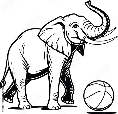 Elephant playing a ball vector, Elephant playing a ball silhouette vector, Elephant playing a ball line art vector illustration design