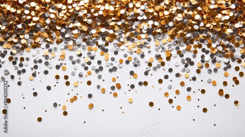 Sparkling golden and silver confetti scattered on a white surface creating a ...