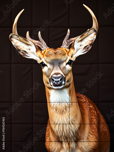 A deer portrait exhibits the skillfulness in fabric and design in earthy tones through a focus-stacked composition and a dark brown background, in the quilted blanket style. photo