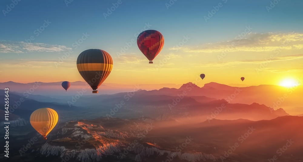 Obraz premium Colorful hot air balloons are flying over a scenic mountain landscape in cappadocia, turkey, during a breathtaking sunrise, creating a stunning travel destination