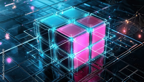 A high-tech cube with radiant magenta and cyan blocks