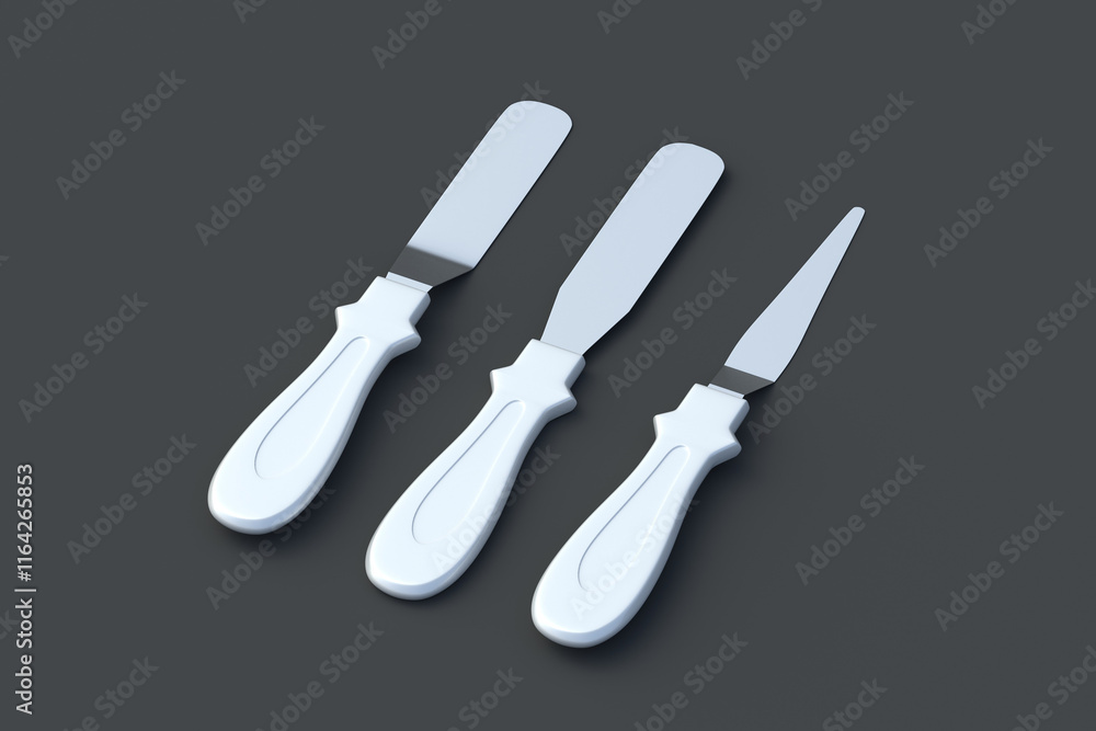 Obraz premium Set of cake decorating spatulas on black background. Confectionery tool. Professional equipment. 3d rendering