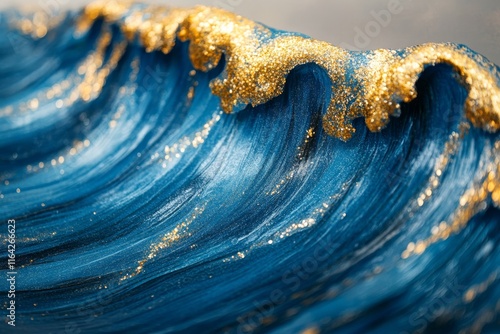 Glittering waves of blue shimmer in abstract design with golden accents