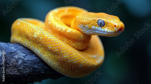Close-up view of a snake resting on a tree branch in sunlight during late aft...