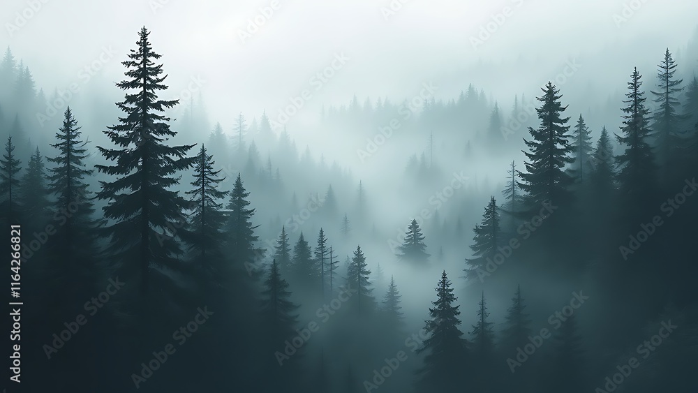 Fototapeta premium Beautiful natural background of a forest with silhouettes of trees and morning mist, in green and blue tones.