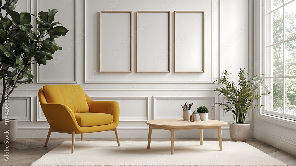 Fototapeta premium Yellow armchair, wooden coffee table, three frames, plants, rug, white walls, large window.