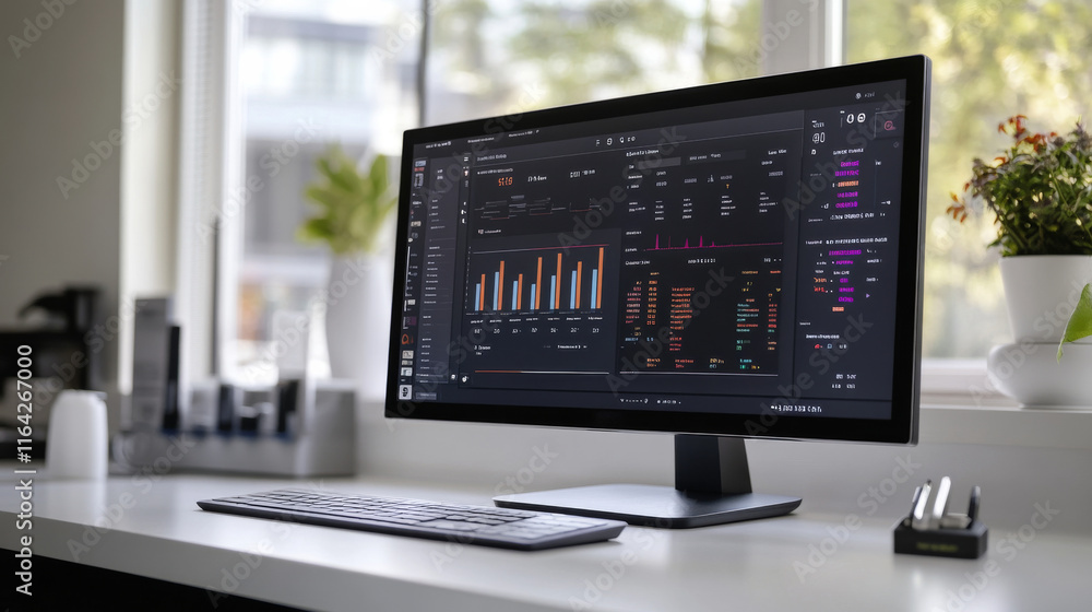 A stylish desk setup shows a computer monitor filled with analytics graphs and charts. Sunlight streams through the window, illuminating the workspace. Potted plants add a touch of green A stylish desk setup shows a computer monitor filled with analytics graphs and charts. Sunlight streams through the window, illuminating the workspace. Potted plants add a touch of green