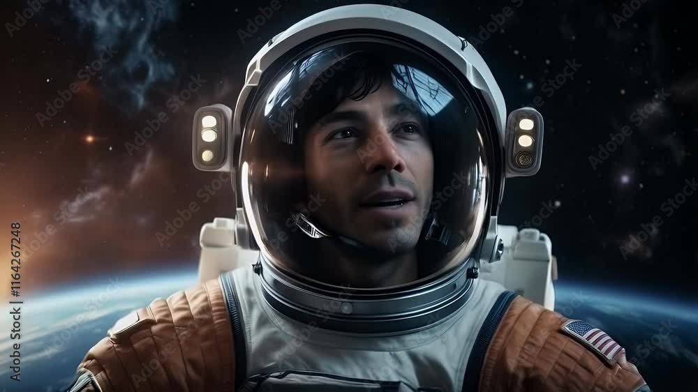 Astronaut exploring deep space while gazing at Earth from the spacecraft Astronaut exploring deep space while gazing at Earth from the spacecraft