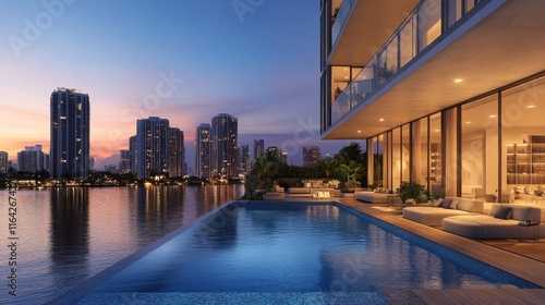 Luxurious waterfront villa with modern design under twilight sky in a vibrant...