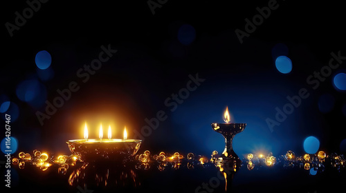 Hanukkah celebrates the miracle with dreidels latkes and community spirit. Elegant Candle Display on Dark Background with Soft Bokeh Lights photo