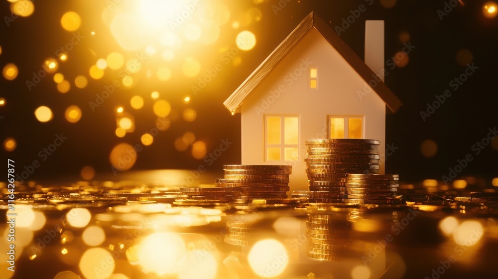 Elegant home surrounded by stacks of coins and tax modern financial environment business concept enriching wealth perspective Elegant home surrounded by stacks of coins and tax modern financial environment business concept enriching wealth perspective