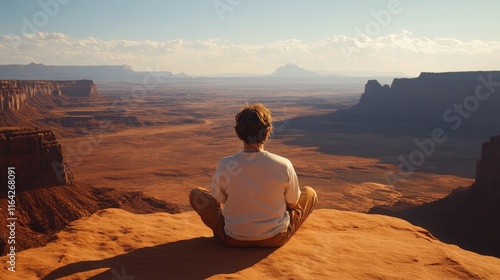 Hiker enjoying panoramic view from rocky cliff in vast desert landscape durin...