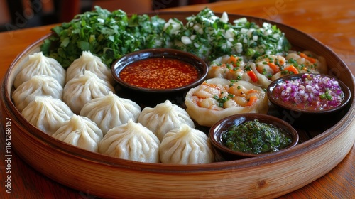 Dumplings served with various dipping sauces in a bamboo steamer basket for a...