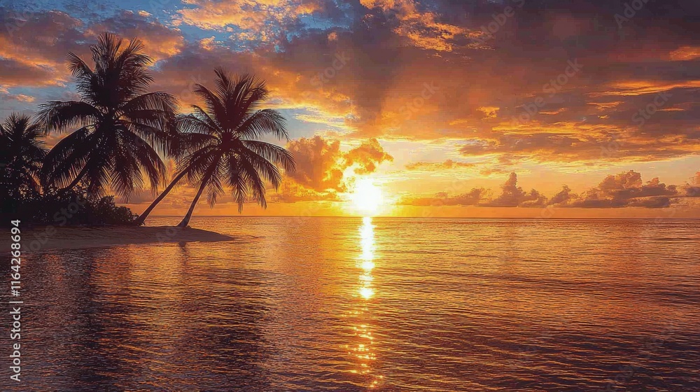 Breathtaking sunset over calm ocean with silhouetted palm trees near coastal shore Breathtaking sunset over calm ocean with silhouetted palm trees near coastal shore