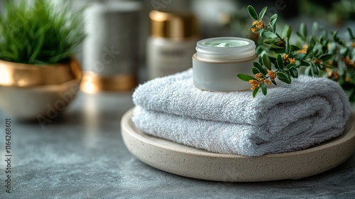 Lavender spa setting with cream jar and soft towel on a calming surface
