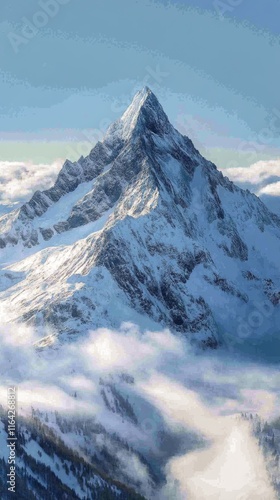 Snow-covered mountain peak rises majestically above the clouds in bright dayl...