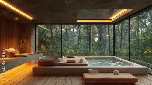 Relaxing spa room with a hot tub overlooking a serene forest landscape in the...