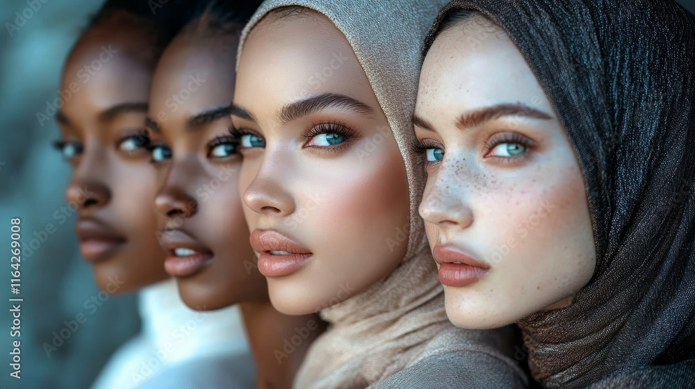 Four diverse women showcase beauty and culture, each with unique features and styles, emphasizing unity and representation. Four diverse women showcase beauty and culture, each with unique features and styles, emphasizing unity and representation.