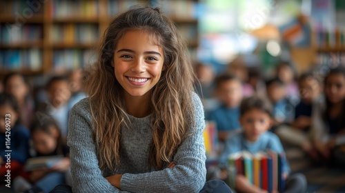 Smiling woman engaging with children in a cozy library setting