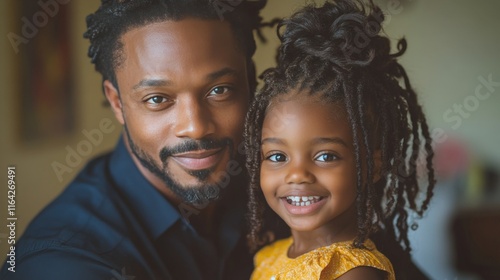 Father and daughter share joyful moment in cozy room filled with warm lightin...