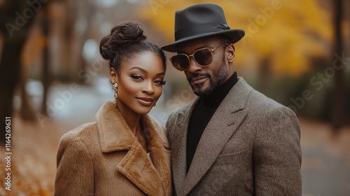 Couple enjoying a stylish outing in fall fashion at a park