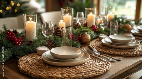 Elegant dinner table setting with candles and festive decor for a cozy celebr...