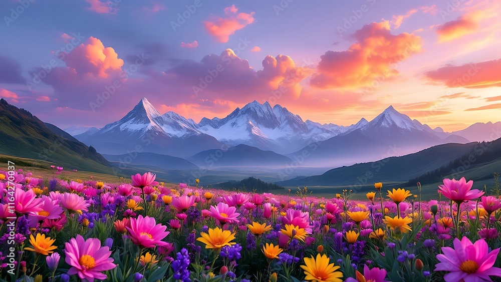 Fototapeta premium Beautiful spring floral field of pink flowers, set against a backdrop of snowy mountains at sunset and a blue sky.