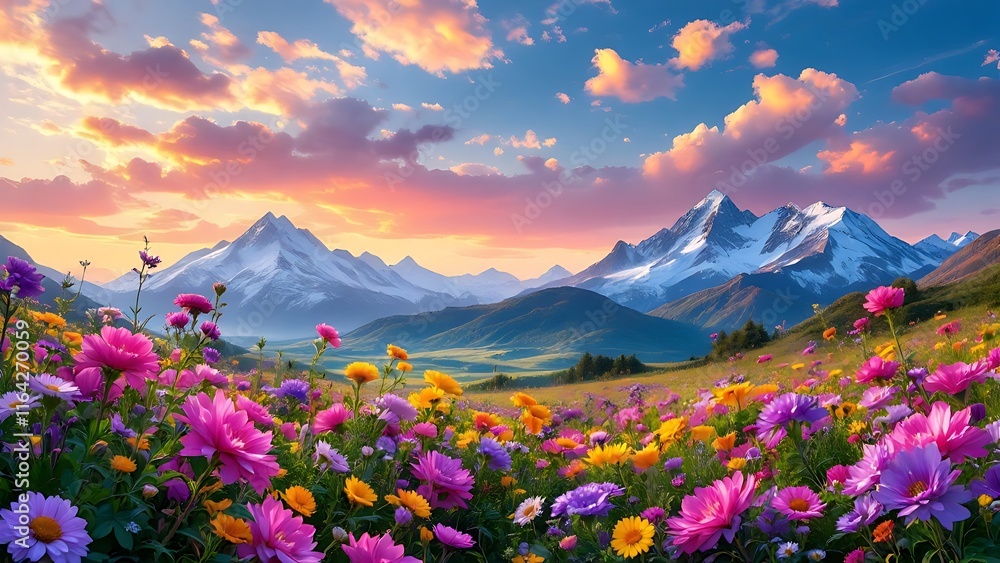 Fototapeta premium Beautiful spring floral field of pink flowers, set against a backdrop of snowy mountains at sunset and a blue sky.
