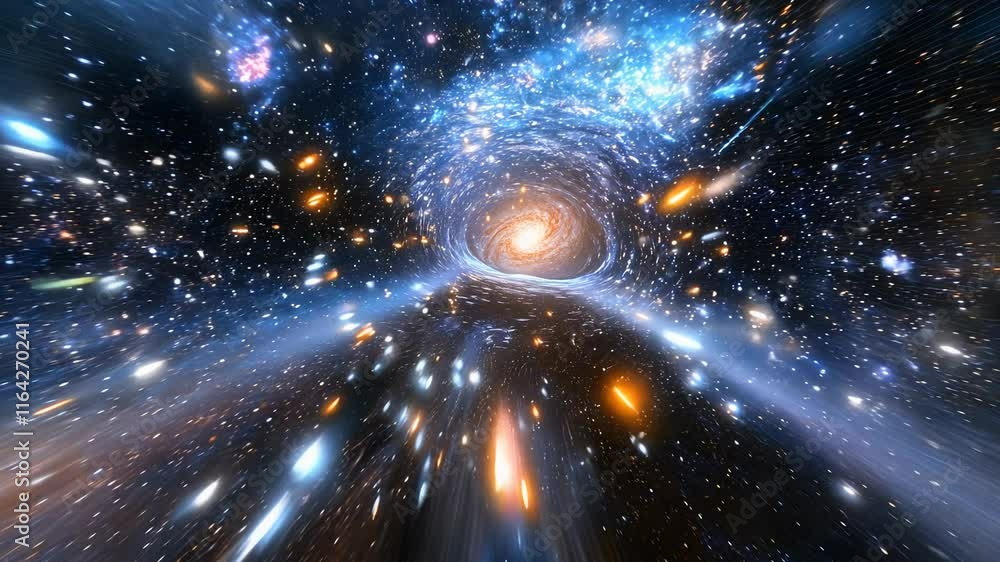 A dramatic view of a cosmic void, showcasing an empty region of space with faint distant galaxies on the horizon, emphasizing the vastness and emptiness of the universe