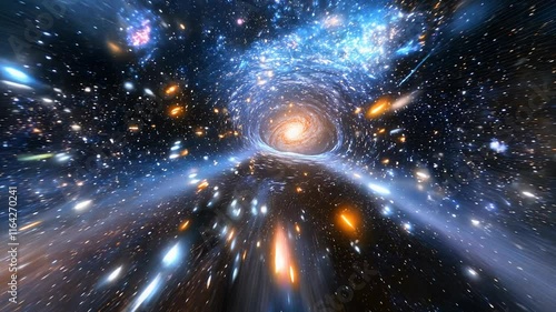 A dramatic view of a cosmic void, showcasing an empty region of space with faint distant galaxies on the horizon, emphasizing the vastness and emptiness of the universe