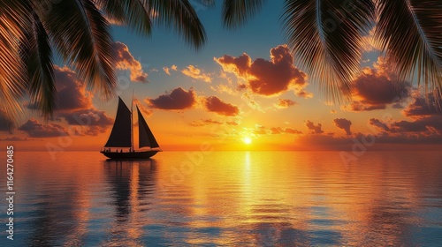 Breathtaking sunset over calm ocean with silhouetted palm trees near coastal ...