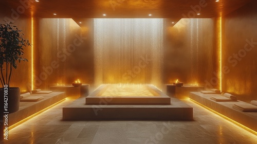 Relaxing spa atmosphere with warm lighting and soothing water features in a t...