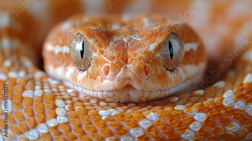 Colorful orange snake resting peacefully on a natural surface in bright daylight
