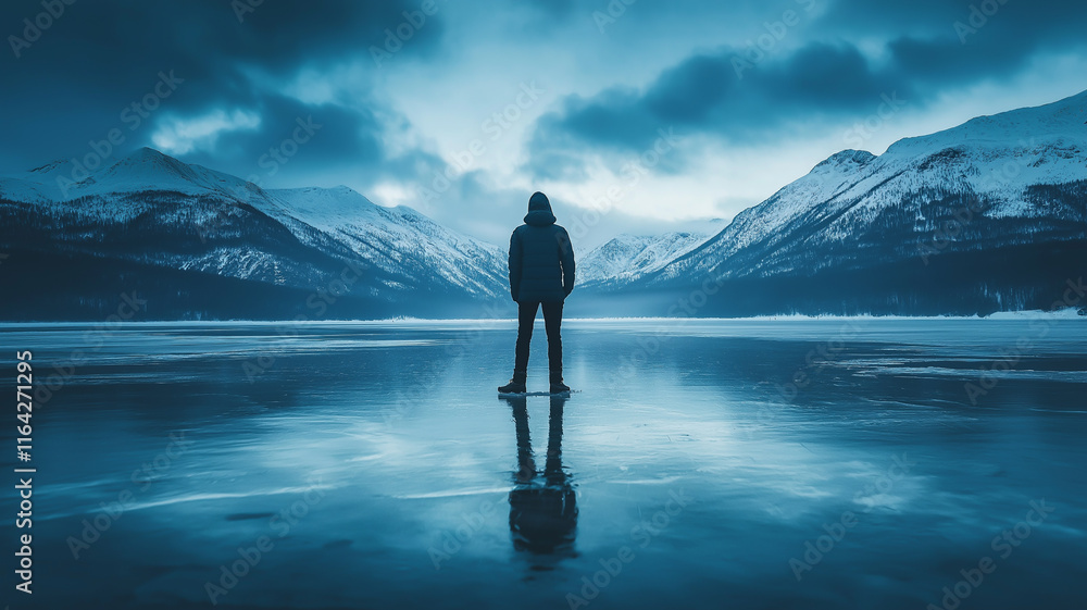 Illustration of a lone traveler standing on a frozen lake, symbolizing solitude and the vast beauty of January nights Illustration of a lone traveler standing on a frozen lake, symbolizing solitude and the vast beauty of January nights