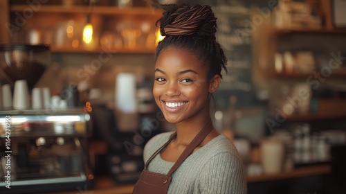 Cozy coffee shop interior with warm lighting and beverage on table