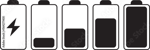 Battery icon set. Batery charge indicator. Battery charging sign and symbol. low to full battery level status indicator