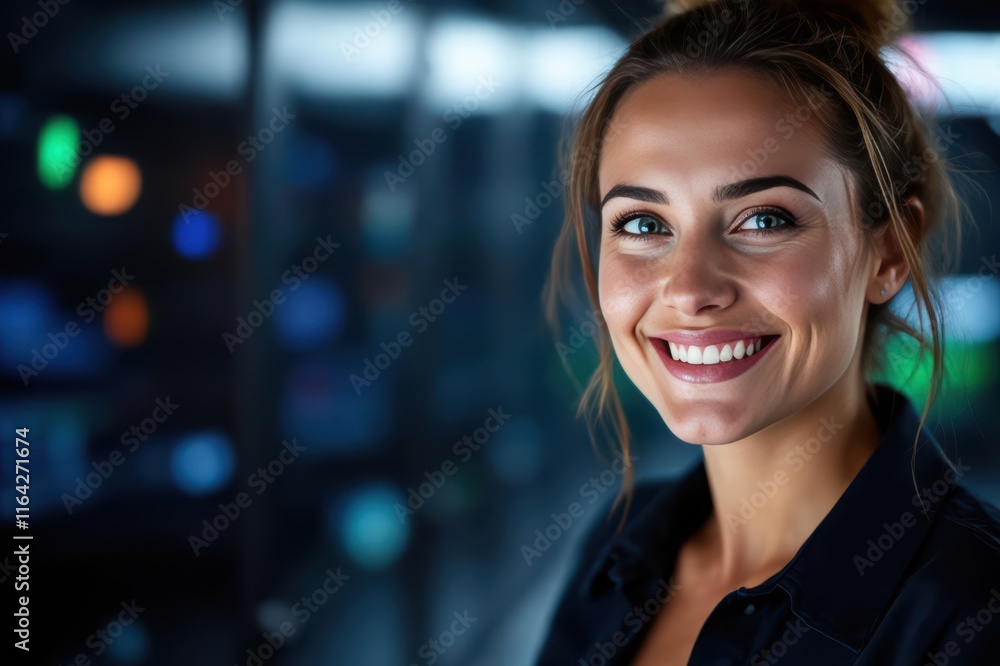 Close portrait of a smiling 40s Swiss female IT worker looking at the camera, against dark server room blurred background. Close portrait of a smiling 40s Swiss female IT worker looking at the camera, against dark server room blurred background.