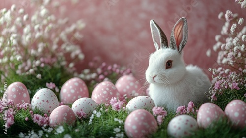 Cute white rabbit sitting among pastel-colored eggs and flowers in a spring l...