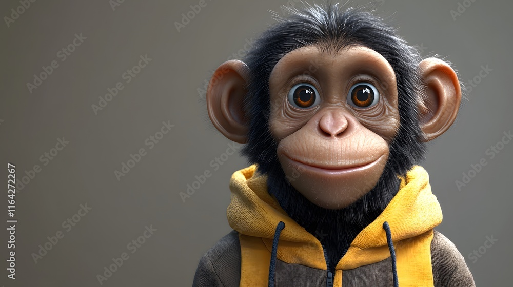 Fototapeta premium Adorable Chimpanzee in a Hoodie: A 3D Rendered Portrait