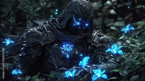 Dark Knight Amidst Glowing Blue Flowers in a Forest photo