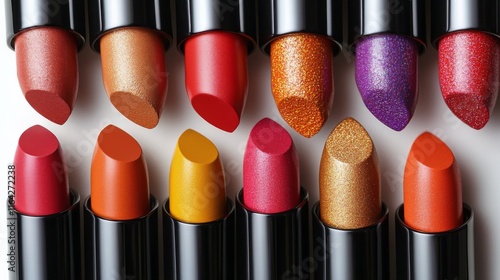 Colorful array of lipsticks displayed in artistic arrangement for beauty lovers