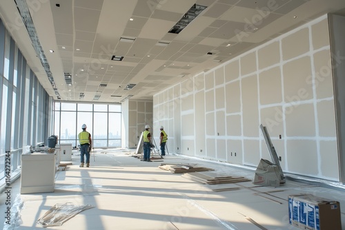 Construction workers engage in drywall installation in a modern office space with large windows and ample natural light