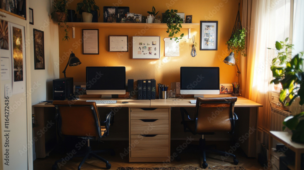 Cozy workspace with dual monitors and natural lighting on a sunny day in a home office Cozy workspace with dual monitors and natural lighting on a sunny day in a home office
