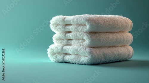 Soft white towels stacked neatly on a turquoise background for bathroom decor...