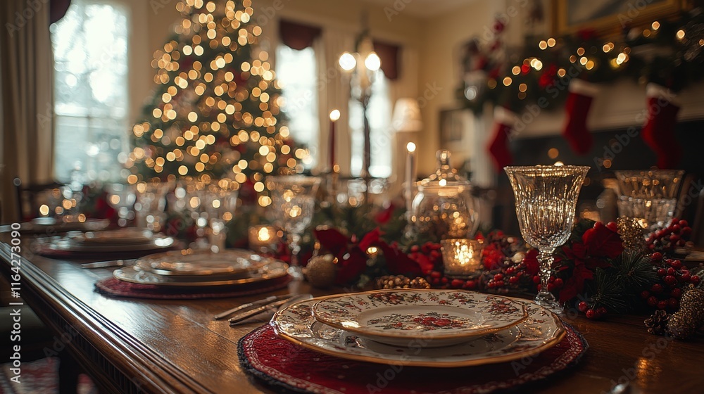 Fototapeta premium Cozy holiday dinner setting with festive decorations and warm fireplace ambiance