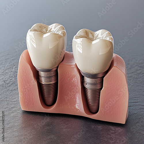 Implantes dentários com coroas em modelo de gengiva photo